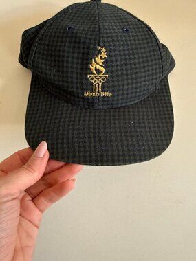 The Game Atlanta 1996 Olympics Gingham Leather Strap Cap Navy Green Vintage